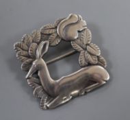 A post 1945 Georg Jensen 'recumbent deer and squirrel' square brooch, design no. 318, 37mm, gross 15
