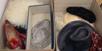 A pair of 19th century leather shoes, a fur muff, four hats, two chain mail evening bags, assorted