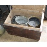 A Victorian pine trunk and a collection of mixed metalware