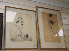 German School c.1910, two etchings, Child walking a dog and Dancing woman, both signed in pencil, 37