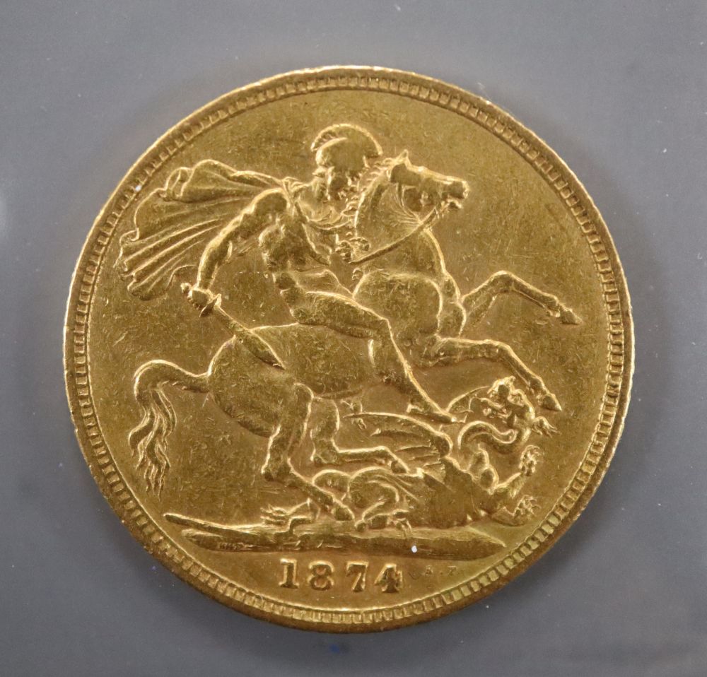 A Victorian gold sovereign, 1874S, F.