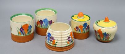Five Clarice Cliff crocus preserve jars and two covers, tallest 8.5cmCONDITION: The beehive shaped
