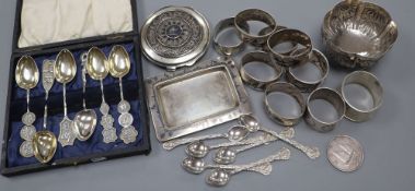 Assorted continental white metal and niello items including napkin rings, compact and dish and a