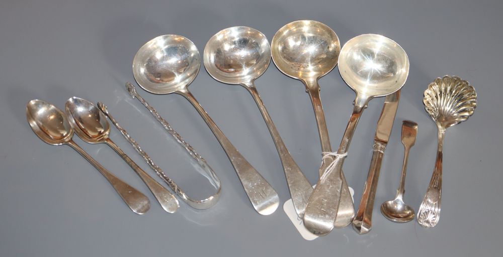 Two pairs of 19th century silver sauce ladles, London, 1824 and 1856 and other small silver cutlery,