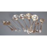 Two pairs of 19th century silver sauce ladles, London, 1824 and 1856 and other small silver cutlery,