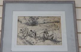 Caanen, pen and ink, Study of camels near a North African town, signed, 20 x 31cm