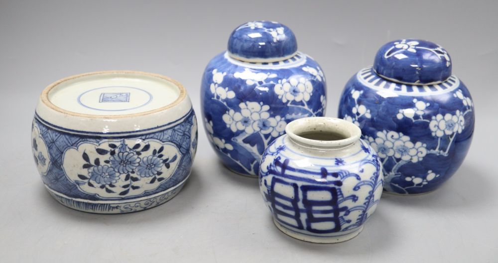 Three Chinese blue and white jars and a seal paste vessel, jars H.15cm including lidCONDITION: One