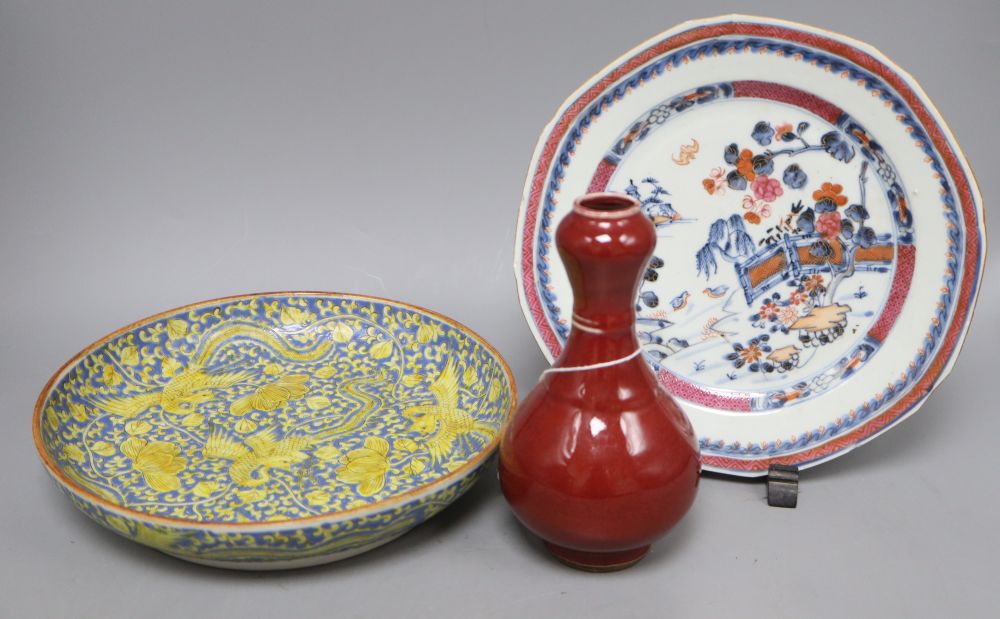 A Chinese sang-de-boeuf vase, a famille rose plate and a phoenix dish, vase H.17cmCONDITION: Famille