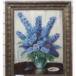 J. Cyril Stubbs, oil on canvas, Still life of delphiniums in a vase, signed and dated 1954, 60 x