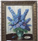 J. Cyril Stubbs, oil on canvas, Still life of delphiniums in a vase, signed and dated 1954, 60 x