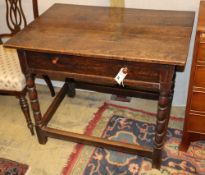 An 18th century rectangular oak side table fitted drawer on bobbin-turned supports, W.86cm, D.