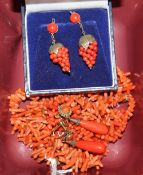 Two pairs of gilt coral mounted coral earrings including bunches of grapes and a coral necklace.