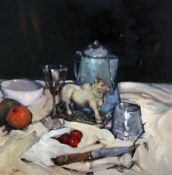 Ken Moroney (1949-), oil on board, Still of objects on a table top, signed, 34 x 34.5cm,