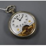 A mid 20th century base metal Hebdomas 8 Day pocket watch, the case back embossed with artist at