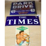 A Park Drive Cigarettes double sided enamel sign, The Times enamel sign and a Sun-Tang sign