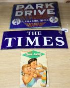 A Park Drive Cigarettes double sided enamel sign, The Times enamel sign and a Sun-Tang sign