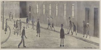 After L.S. Lowry, pencil drawing, Figures in the street, bears signature, 12.5 x 26cm