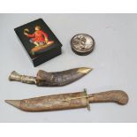 A Russian lacquer box, 15 x 11cm, two daggers and a tortoiseshell box