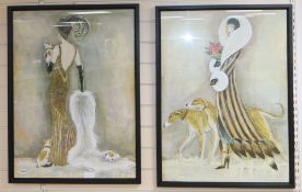 After Dupré, pair of studies of elegant ladies with dogs, 80 x 59cm