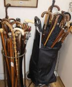 A large collection of walking sticks and umbrellas, including knobkerries, ivory, horn and stag