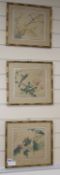 Chinese School, three watercolour on silk studies of birds and flowers, 19 x 21cm