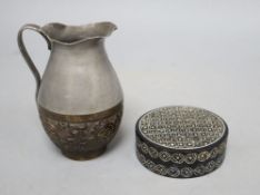 A Chinese mother of pearl inlaid box and cover and Chinese pewter and coconut jugs (2)