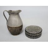 A Chinese mother of pearl inlaid box and cover and Chinese pewter and coconut jugs (2)