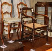 A Victorian simulated rosewood elbow chair and a pair of balloon back side chairs