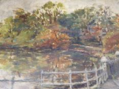 Albert Pinot (1875-1962), oil on board, Sketch of a wooded pond, signed and dated '39, 35 x 45cm,