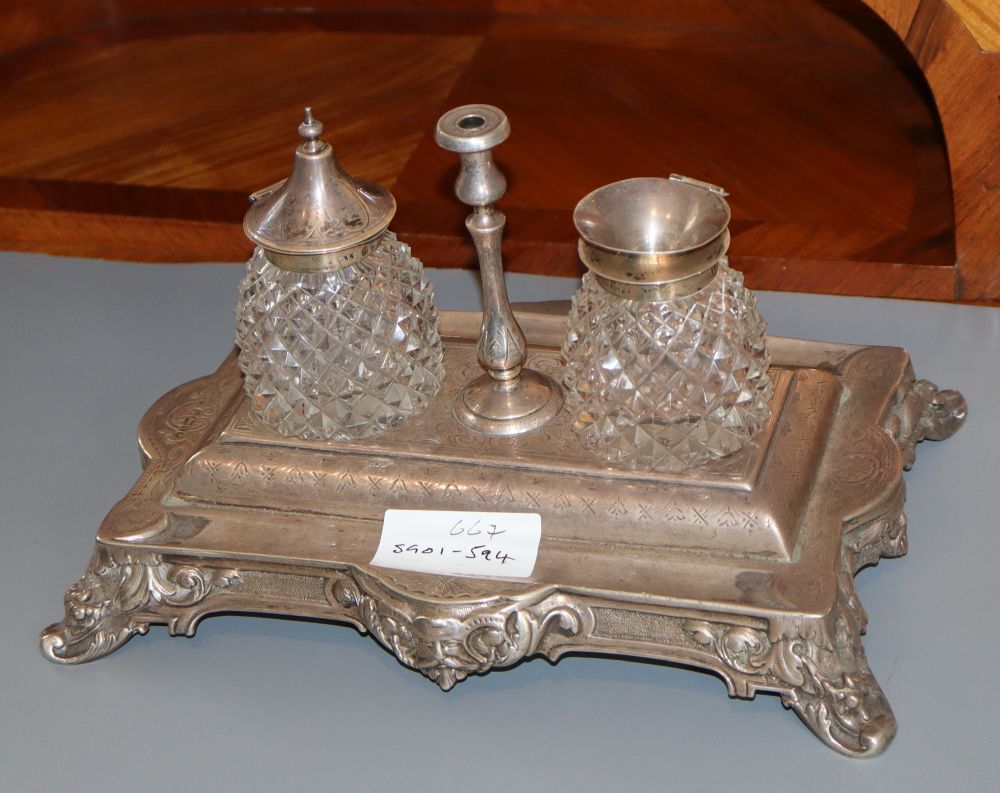 A Victorian silver rectangular inkstand, Roberts & Belk, Sheffield, 1866, 27cm, 33.5 oz, with