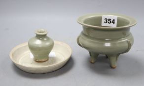 A Chinese celadon tripod censer and jarlet and a qingbai dish, censer 9cm highCONDITION: small