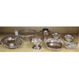 A pair of silver and glass coasters and sundry plated items