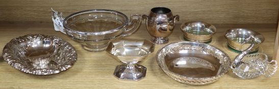 A pair of silver and glass coasters and sundry plated items