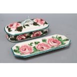 A Wemyss cabbage roses oval casket and tray, width 24cmCONDITION: The cover has restoration to one