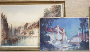 J. Alphonse Brewer, coloured etching, Harbour scene, 27 x 40cm and an unsigned oil sketch of a house