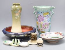 Seven pieces of art pottery to include Clarice Cliff, McIntyre and Crown Devon