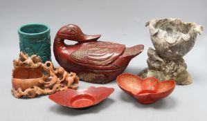 Two Chinese soapstone carvings, a lacquered wood duck, two lacquer stands and a brushpot, duck W.