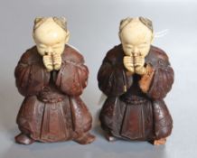 A pair of Japanese carved wood and ivory figures, Meiji period, H. 8.5cm