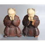 A pair of Japanese carved wood and ivory figures, Meiji period, H. 8.5cm
