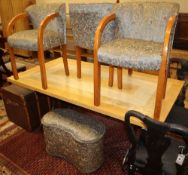 Two Art Dec bird's eye maple elbow chairs together with a kidney shaped stool