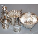 A George V silver sugar caster, an Edwardian silver sugar bowl, a silver christening mug (marks