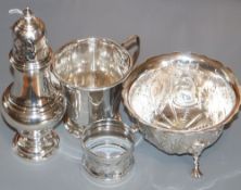 A George V silver sugar caster, an Edwardian silver sugar bowl, a silver christening mug (marks