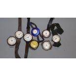 Eight assorted early 20th century and later silver wrist watches, including blue enamel case.