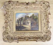 Attributed to John Crome (1768-1821), thatched cottage by a track, oil on panel, in gilt frame, 10.