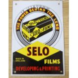 'The Power Behind The Lens' Selo Films developing and printing enamel sign, 26 x 18cm