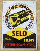 'The Power Behind The Lens' Selo Films developing and printing enamel sign, 26 x 18cm