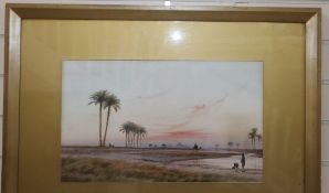 English School c.1900, watercolour, Camels on the Nile, indistinctly signed, 30 x 49cm