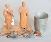 Two Chinese silver models of sedan chairs by Wang Hing, two Chinese wood figures, a pewter cup etc.