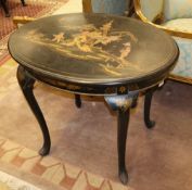 A 1920's oval chinoiserie lacquer card table, the removable top revealing a baize lined interior