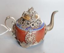 A Chinese cloisonne and glass teapot, with plated mounts